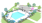 Rendering of the pool area at our townhomes for rent in Charlotte, NC, featuring a club house and lawns.